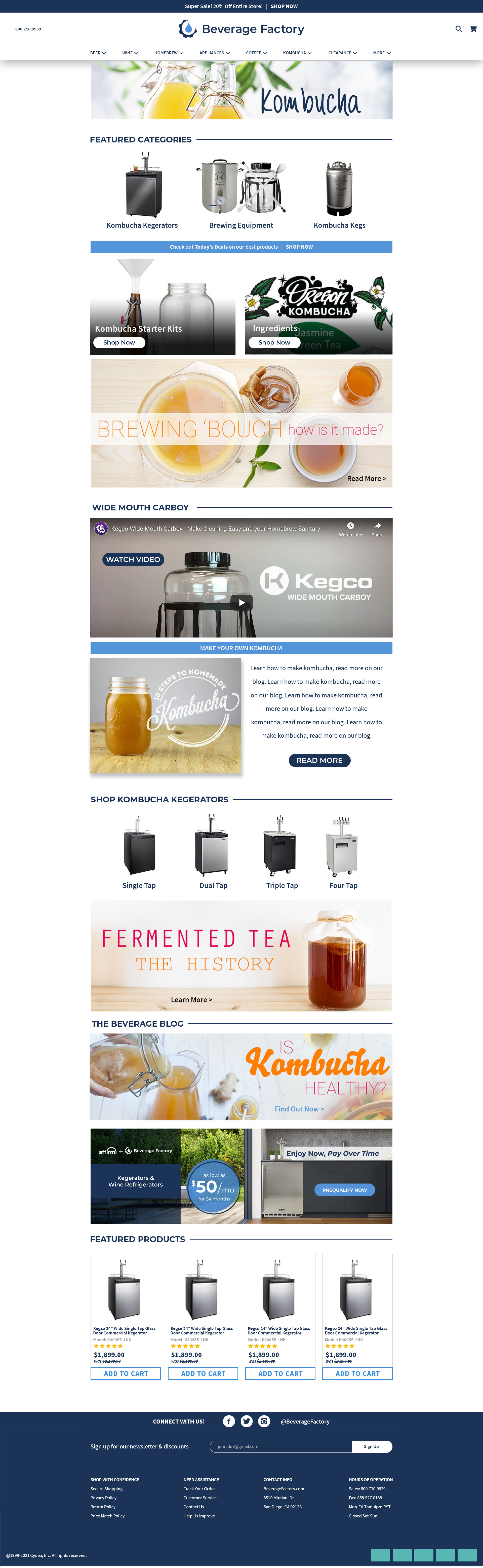Kombucha category page showing featured categories, brewing content, kegerator products, and promotional banners