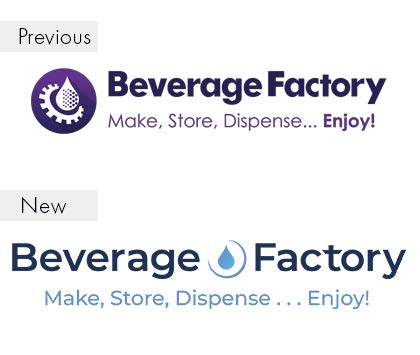 Beverage Factory logo before and after,old gear icon redesigned to a clean modern water drop with blue color palette