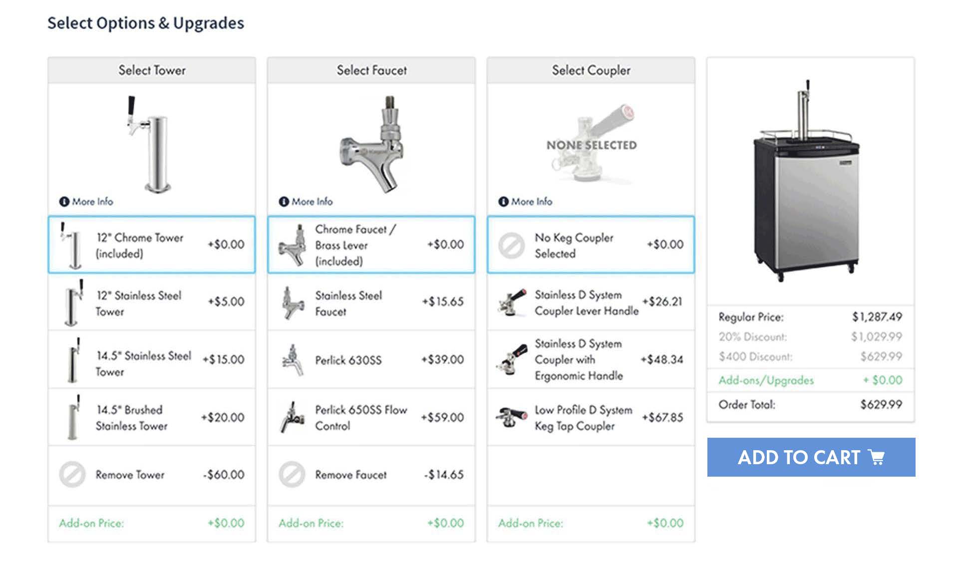 Select Options & Upgrades interface with customizable cards for Tower, Faucet, and Coupler selection with live price updates
