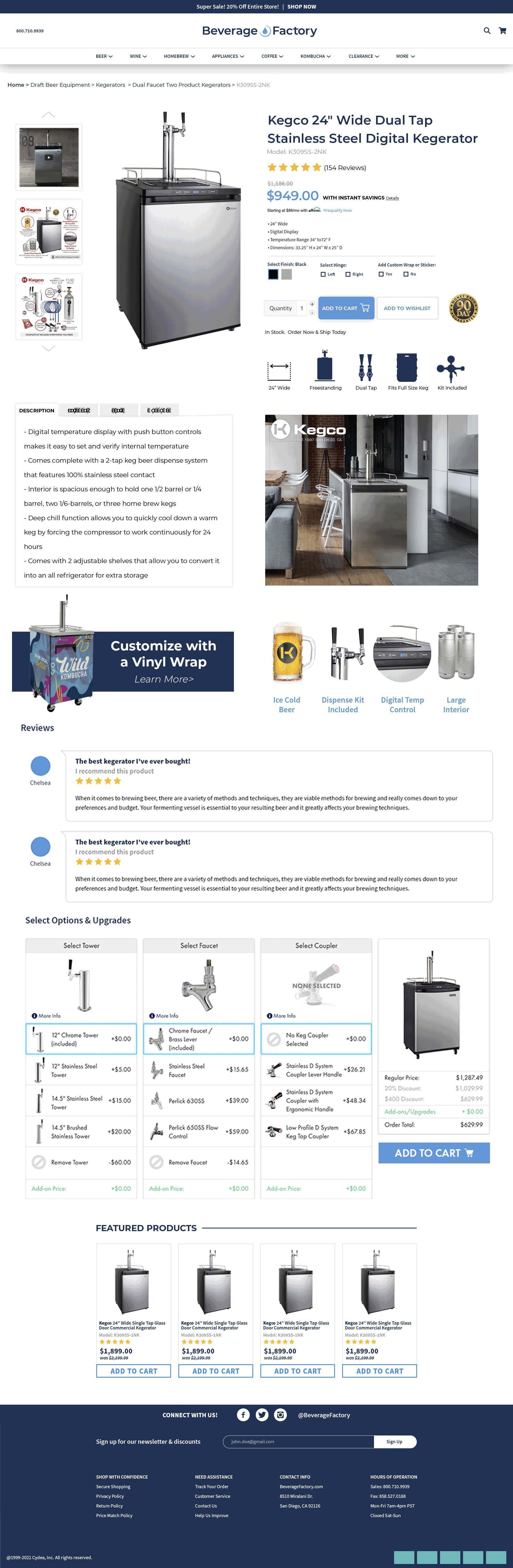 Product detail page showing kegerator with Select Options & Upgrades cards for Tower, Faucet, and Coupler selection with live price updates