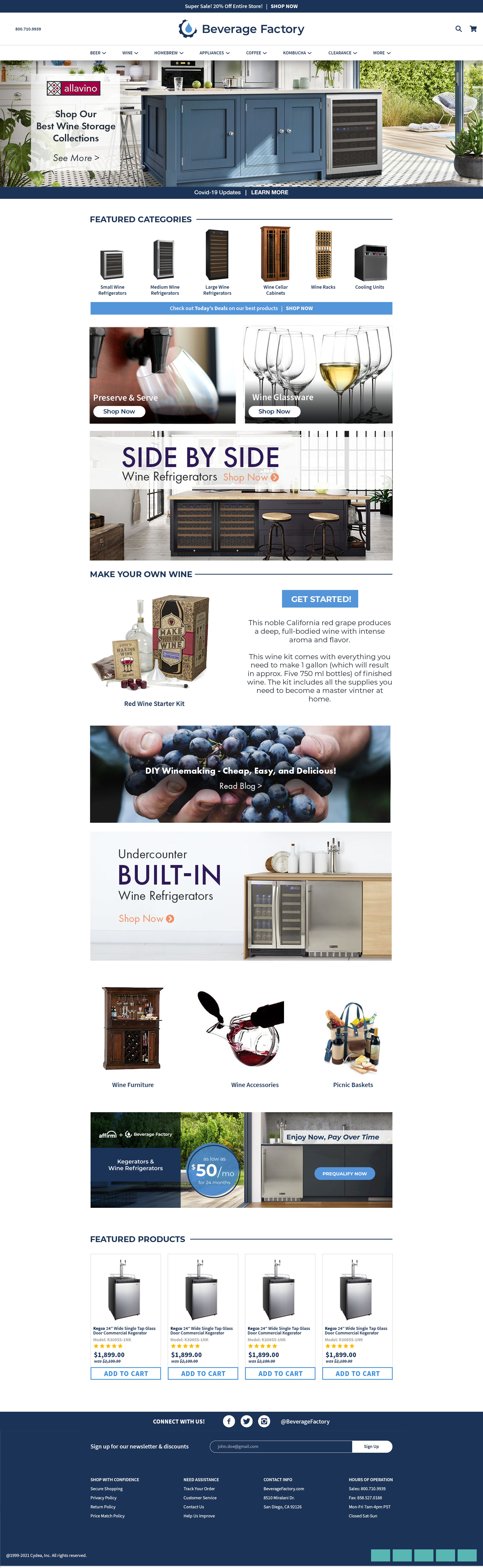 Wine category page showing featured categories, product grid with ratings and pricing, and promotional content