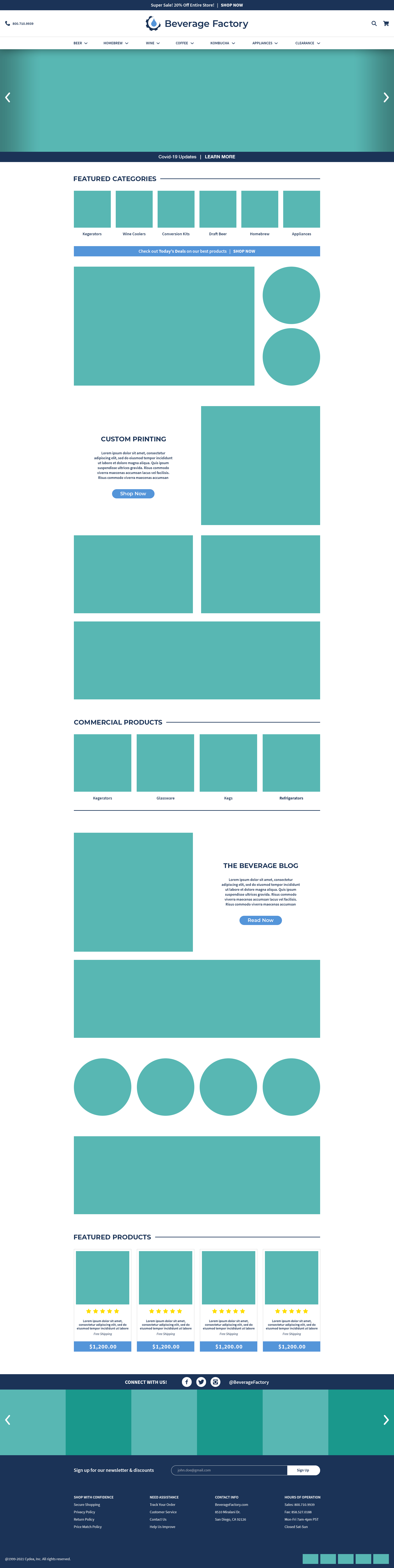 Low-fidelity wireframes showing homepage layout with navigation, hero banner, and featured categories