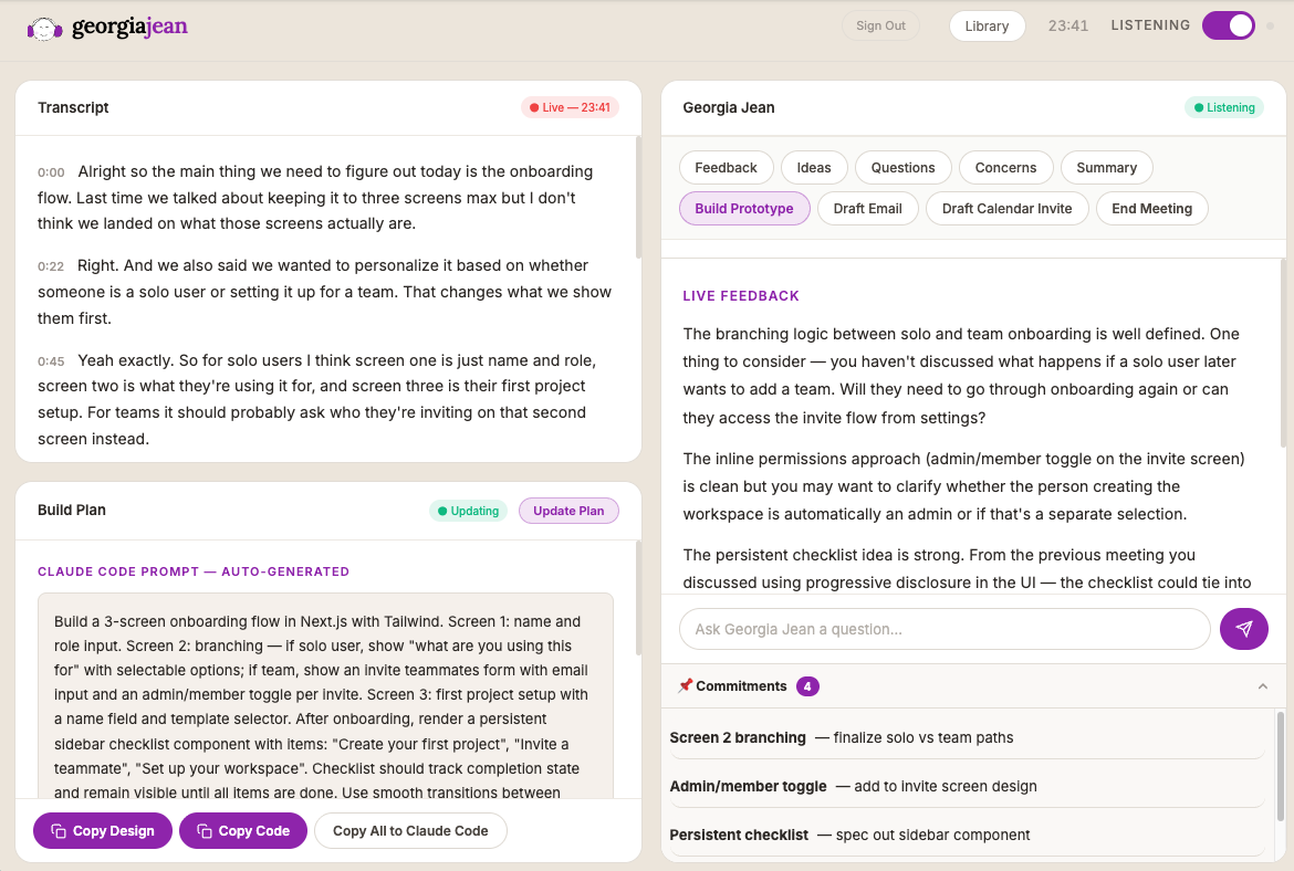 Georgia Jean mid-meeting — transcript, build plan, live AI feedback