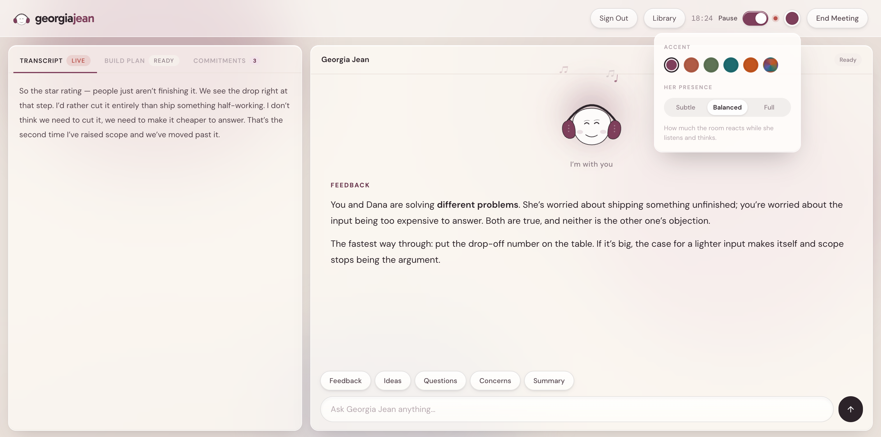 The appearance panel with accent presets, a custom color picker, and a motion control