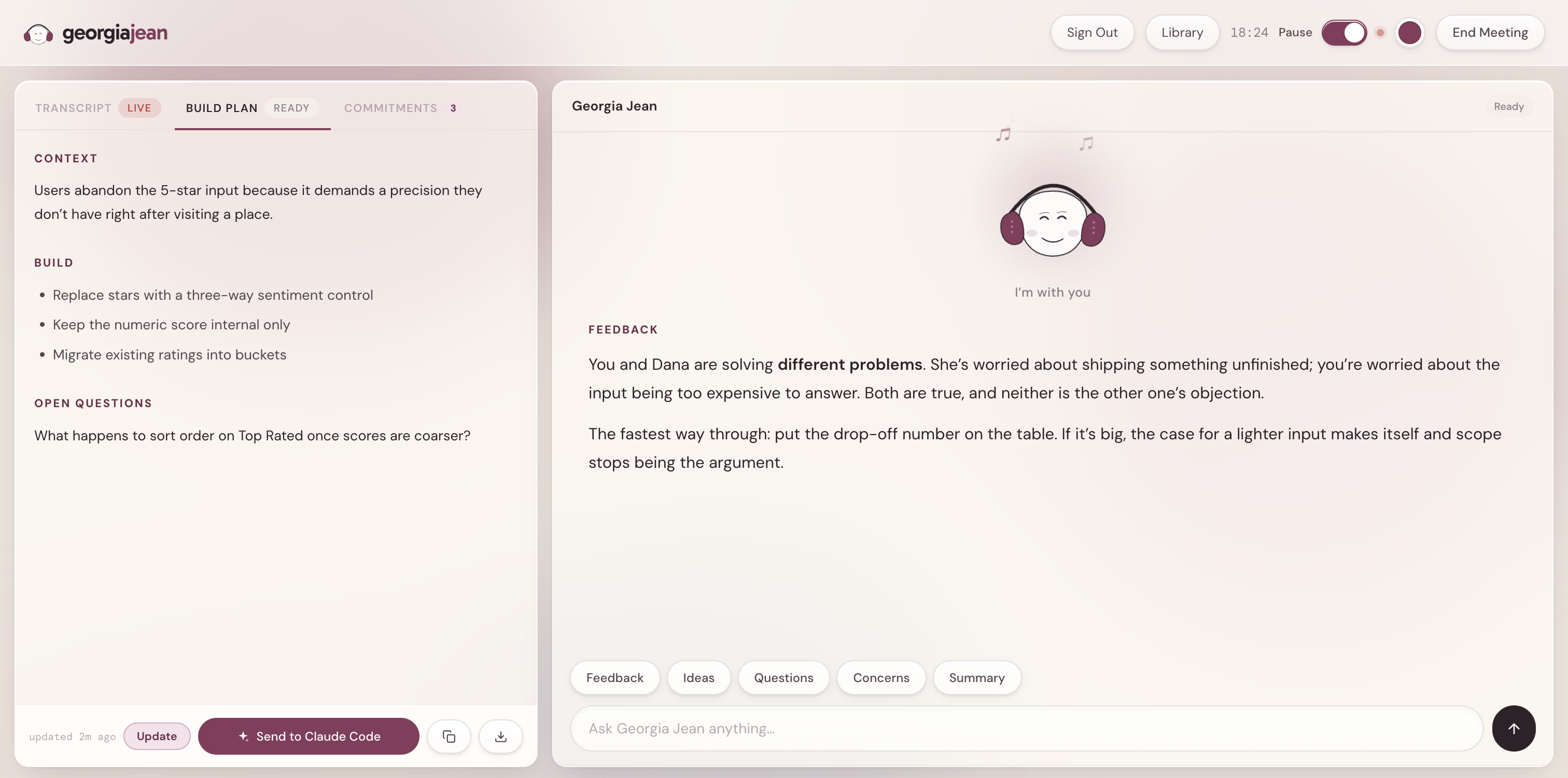 The build plan tab showing context, scope and open questions, with Send to Claude Code