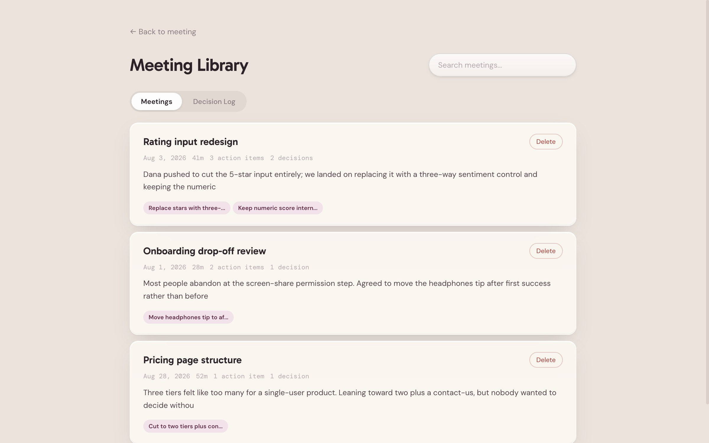 The meeting library: saved meetings with decisions surfaced on each card