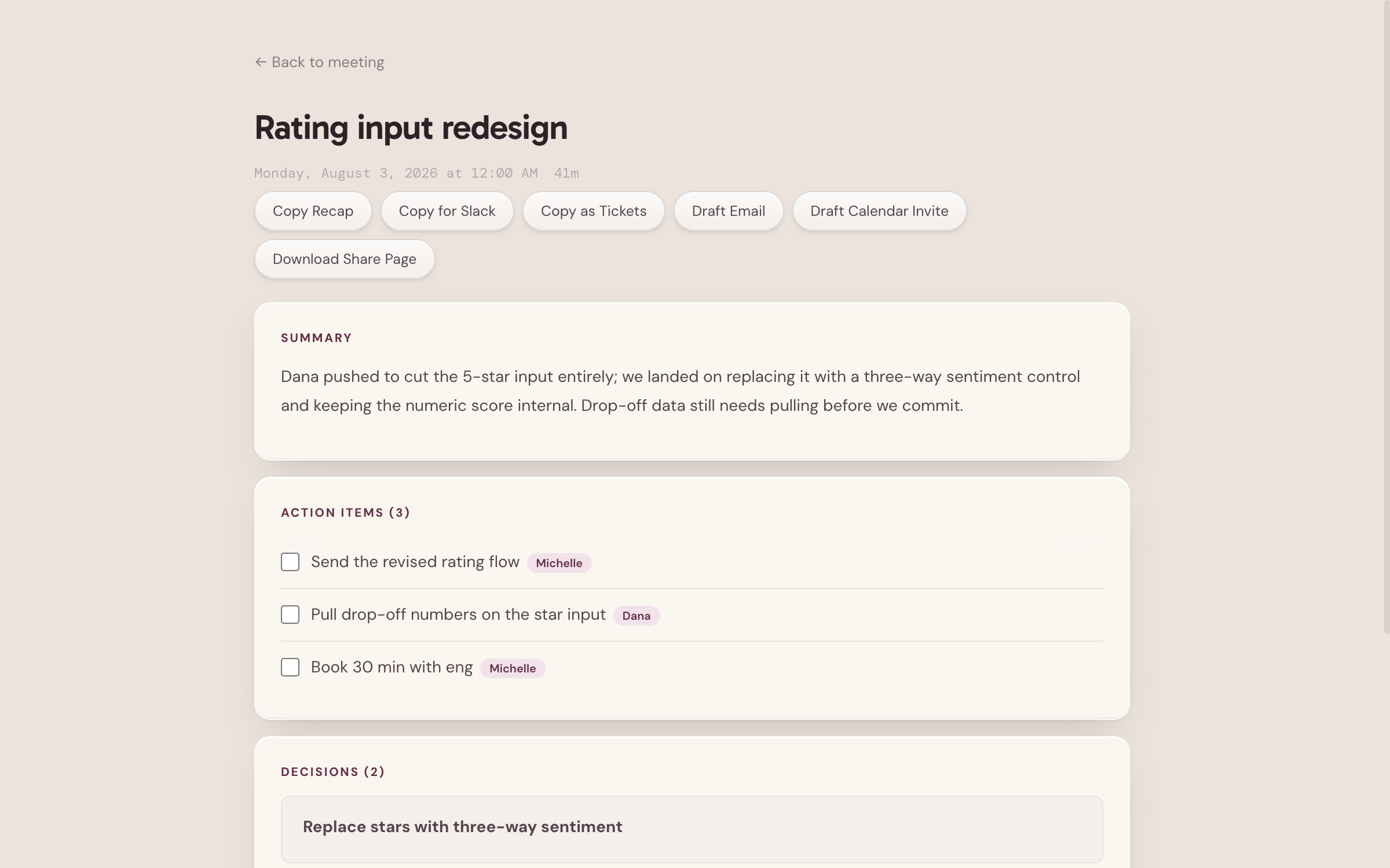 A saved meeting: summary, action items as a checklist with owners, decisions, and export actions