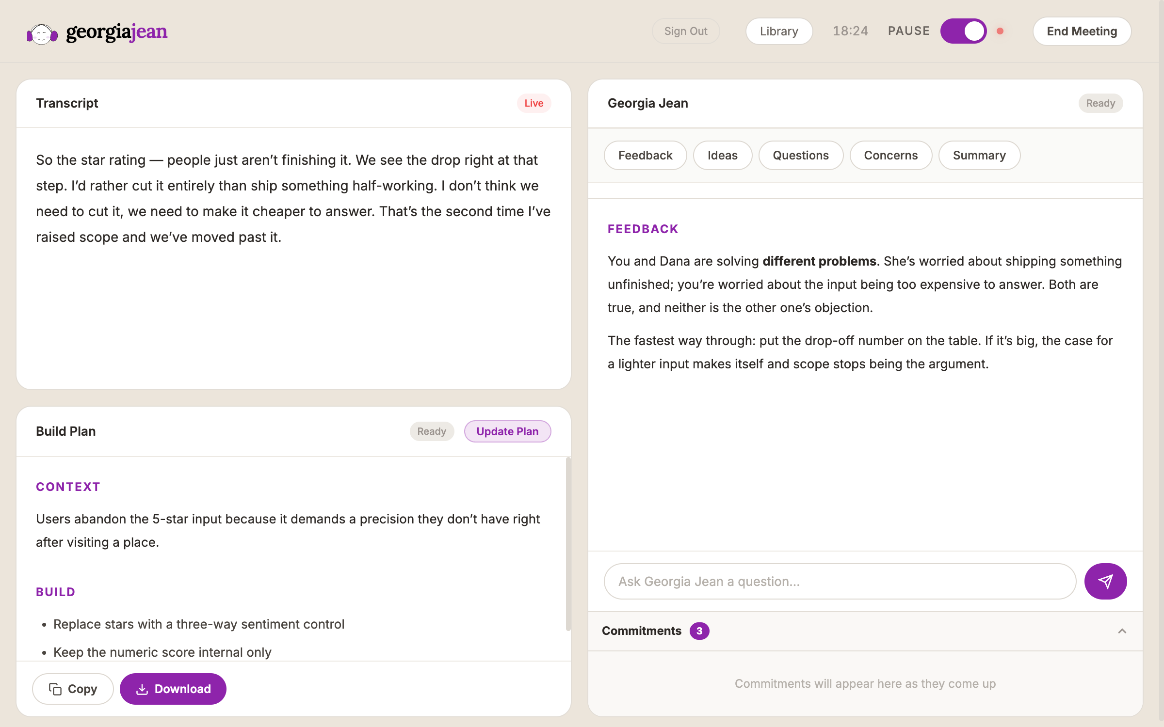 The original Georgia Jean: flat white panels with 1px borders and a bright purple accent