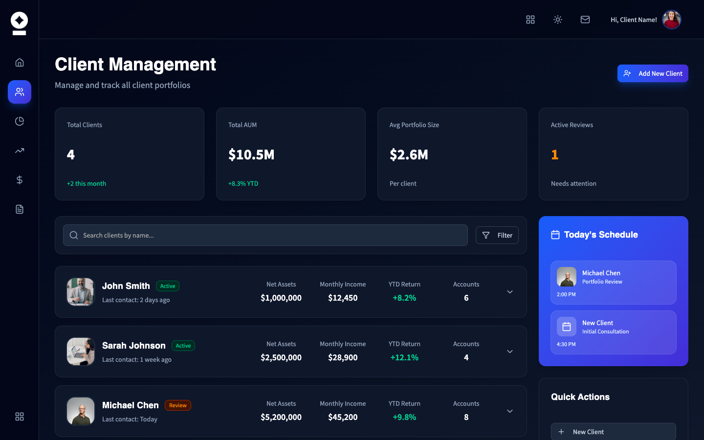 Client Management, dark mode