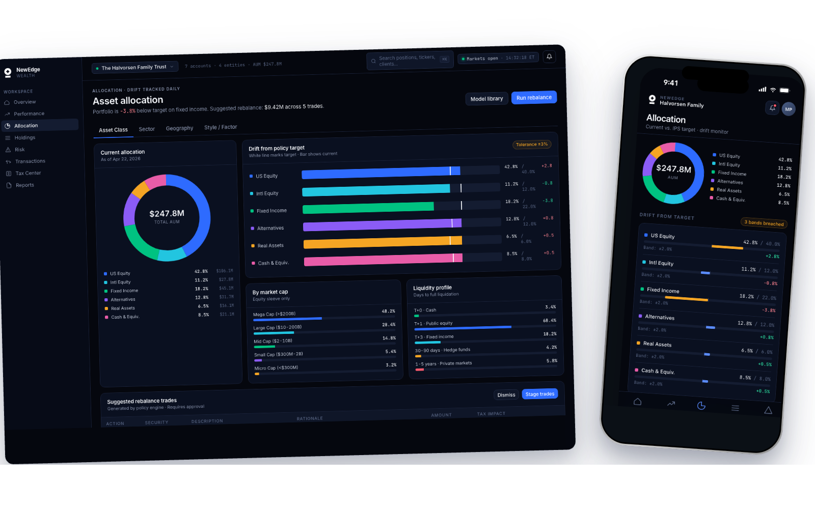 Allocation drill-down, desktop + mobile — donut, drift bars, market cap and liquidity profiles