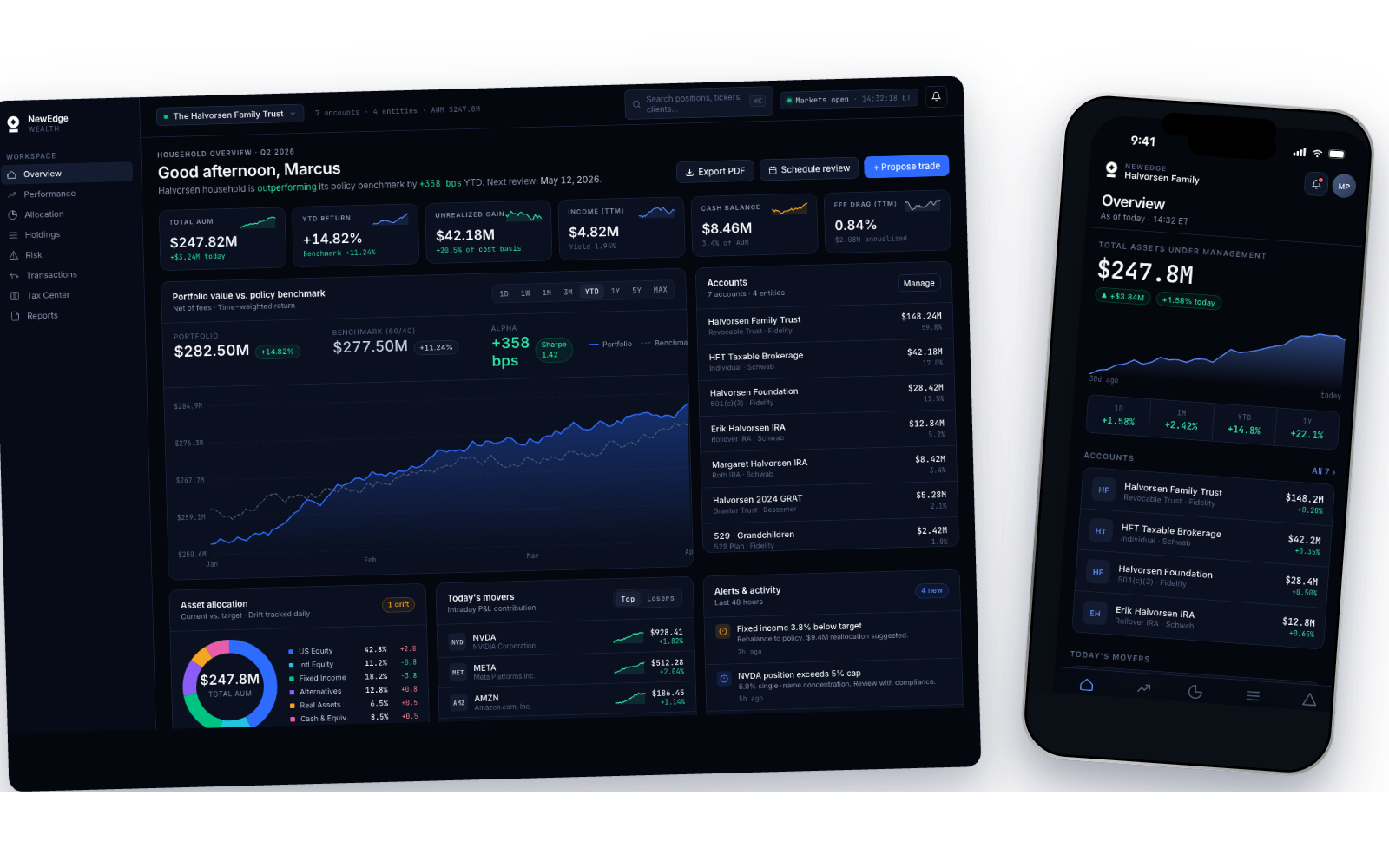 Overview dashboard, desktop + mobile — household summary, AUM cards, portfolio vs benchmark chart