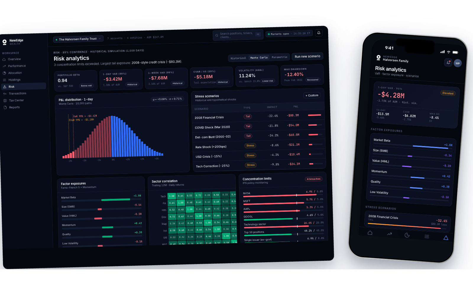 Risk analytics, desktop + mobile — VaR distribution, stress scenarios, factor exposures