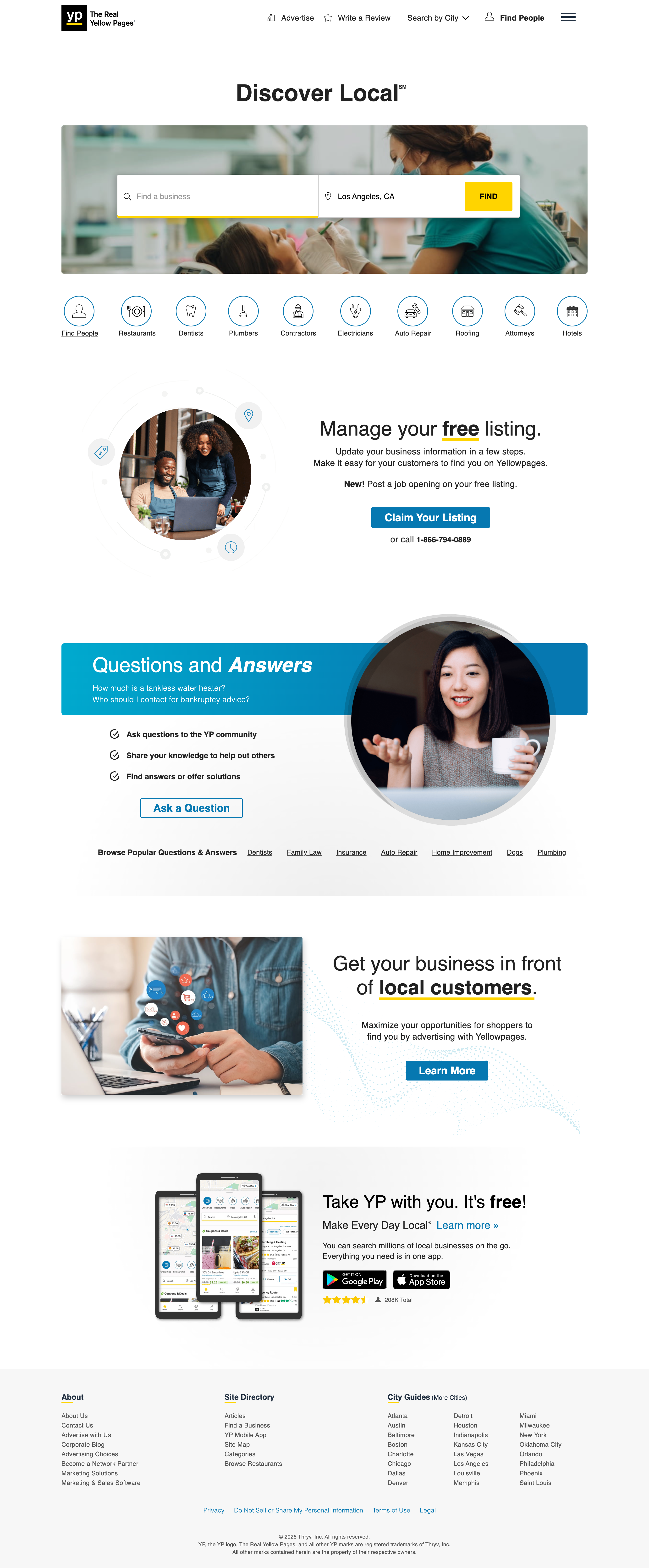Yellow Pages homepage, full scrollable view