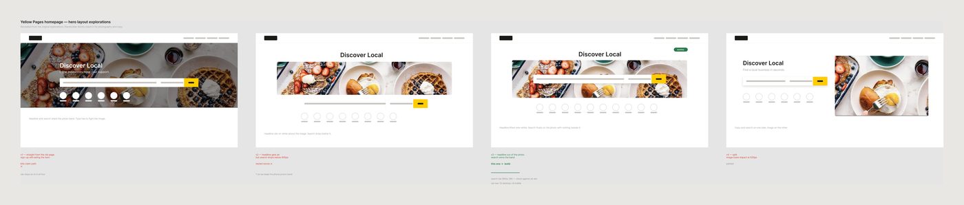 Figma working file showing four hero layout explorations with notes