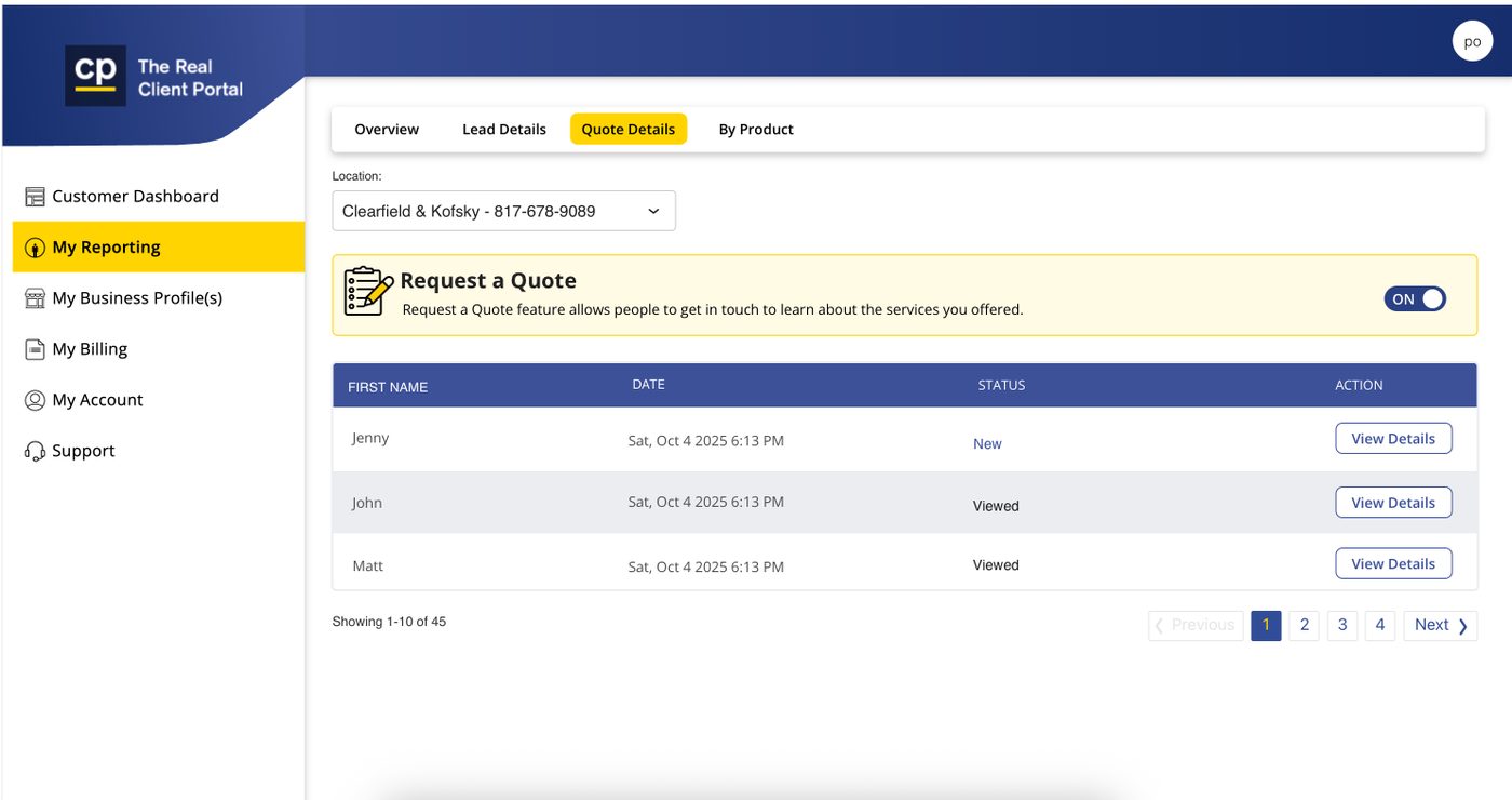 Client Portal quote details showing incoming leads