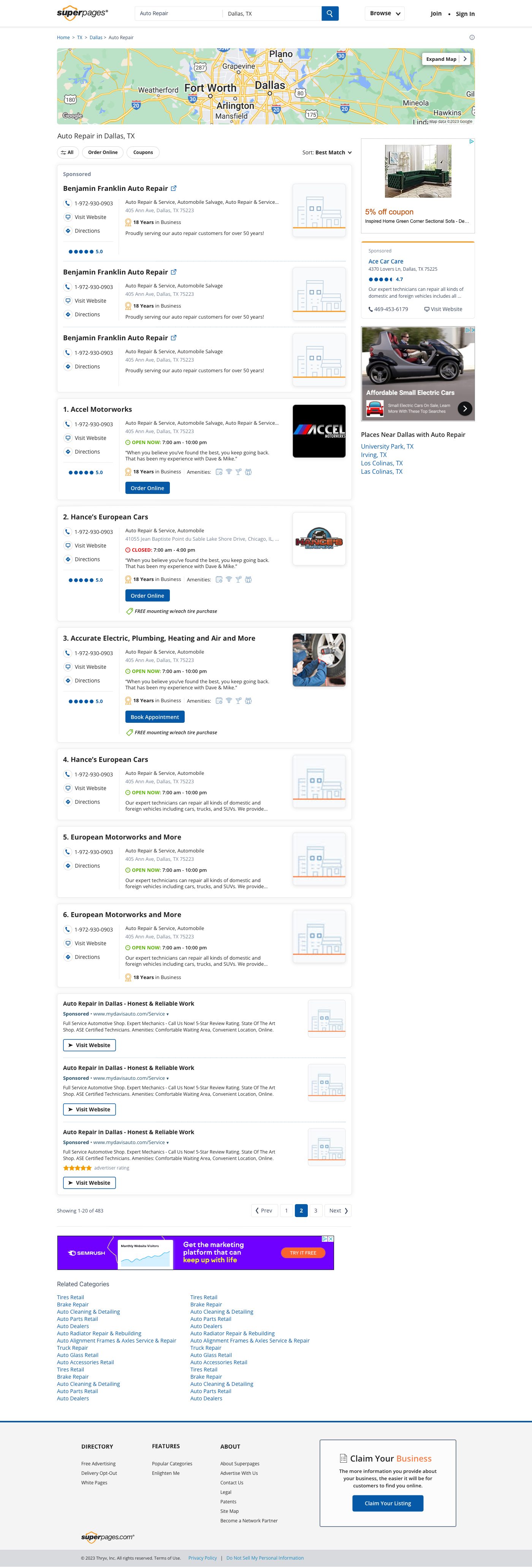 Superpages search results, desktop