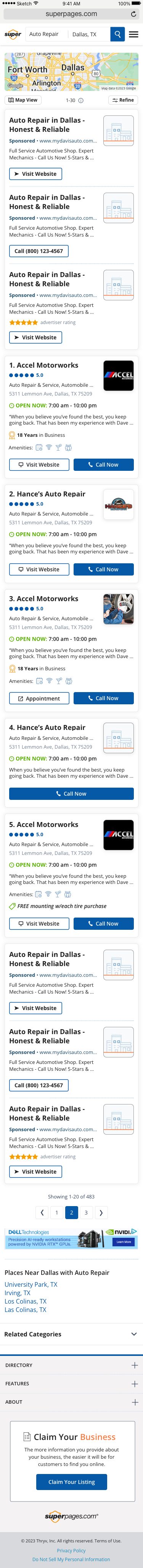Superpages search results, mobile