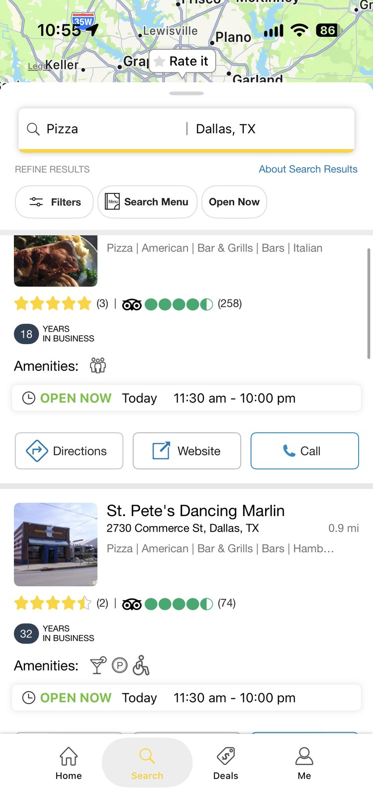 YP app business listing with hours and call, directions and website actions