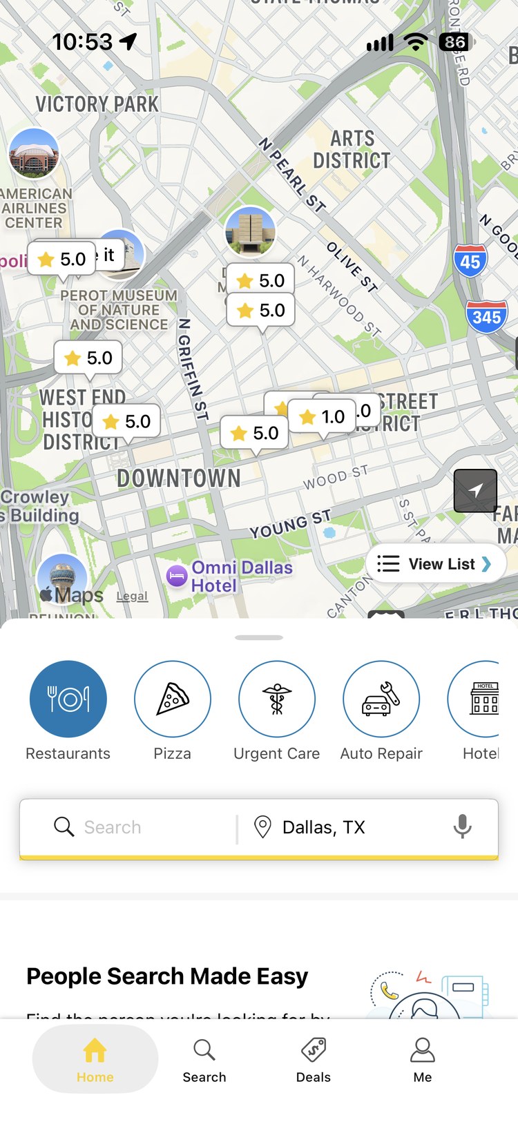 YP app home, map with ratings and category shortcuts