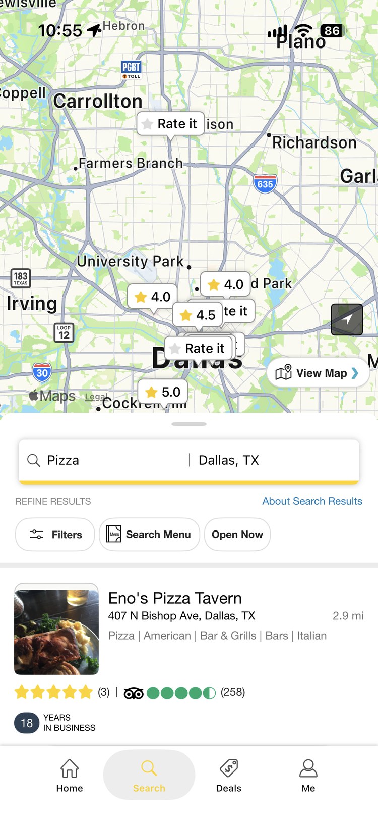 YP app search results for pizza in Dallas
