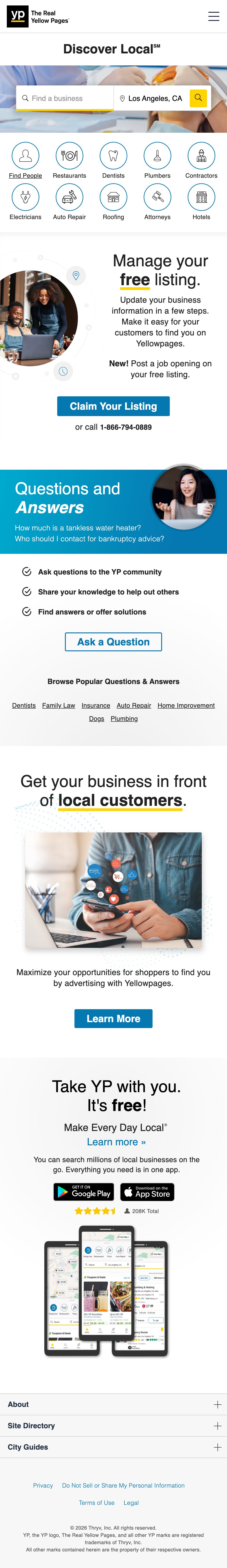 Yellow Pages homepage, mobile