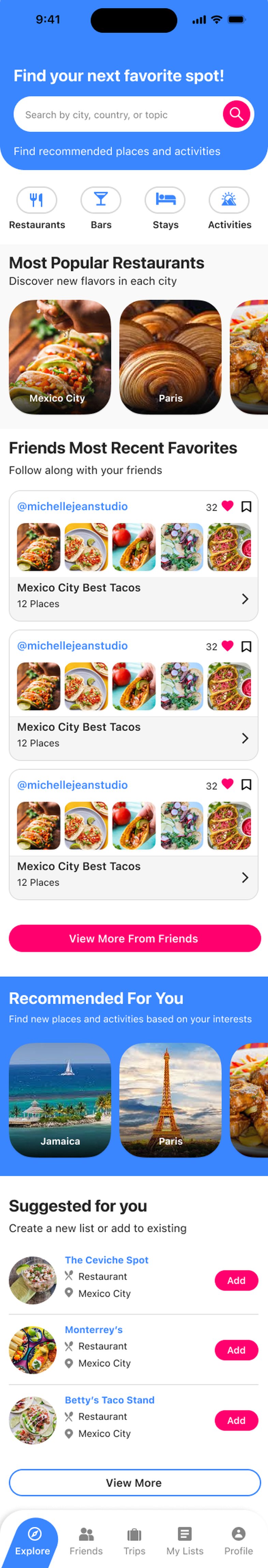 First version, explore screen